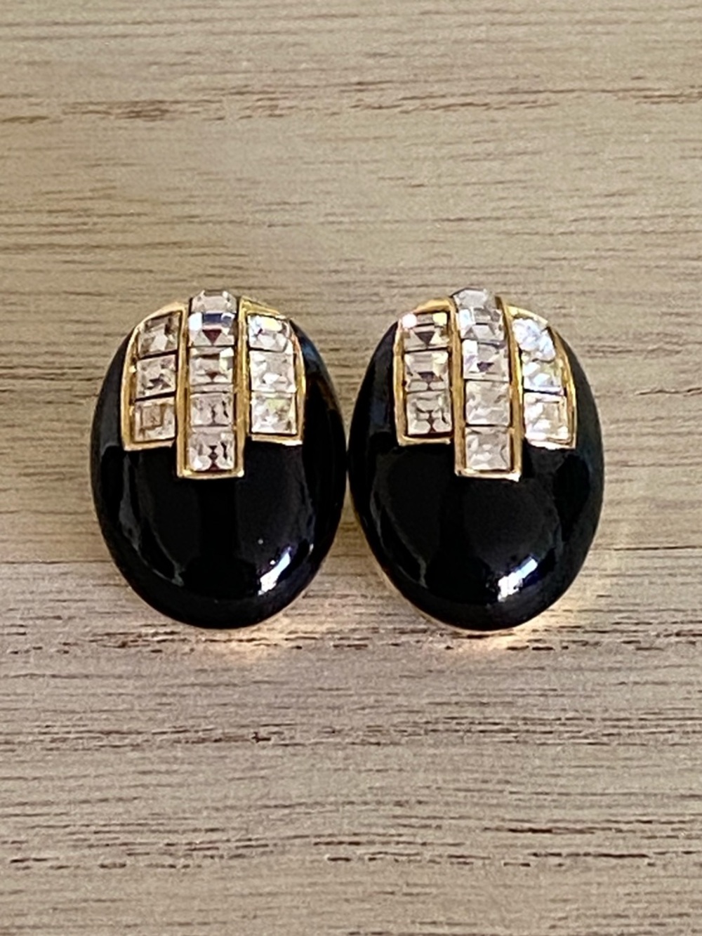 Vintage Signed 1980s Oscar de la Renta Black Enamel & Baguette Earrings - Posts